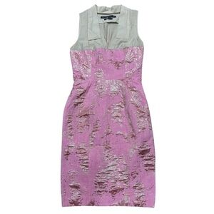 Mackage Sz 2 Dress beige silk pink brocade jacquard Pencil Sheath Vneck Vintage